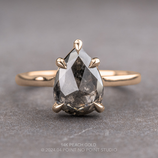 2.80 Carat Black Salt and Pepper Pear Diamond Engagement Ring, Lenora Setting, Point No Point Studio. Available in a variety of metal types. Eco-friendly, Recycled Metals, Conflict Free.