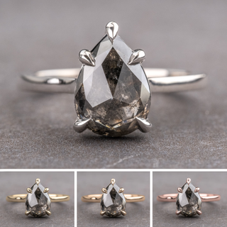 2.80 Carat Black Salt and Pepper Pear Diamond Engagement Ring, Lenora Setting, Point No Point Studio. Available in a variety of metal types. Eco-friendly, Recycled Metals, Conflict Free.