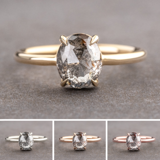 1.90 Carat Salt and Pepper Oval Diamond Engagement Ring, Jade Setting, Point No Point Studio. Available in a variety of metal types. Eco-friendly, Recycled Metals, Conflict Free.