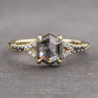 1.63 Carat Black Salt and Pepper Hexagon Diamond Engagement Ring, Ombre Evie Setting, Point No Point Studio. Available in a variety of metal types. Eco-friendly, Recycled Metals, Conflict Free.