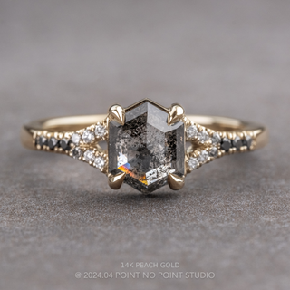 1.63 Carat Black Salt and Pepper Hexagon Diamond Engagement Ring, Ombre Evie Setting, Point No Point Studio. Available in a variety of metal types. Eco-friendly, Recycled Metals, Conflict Free.