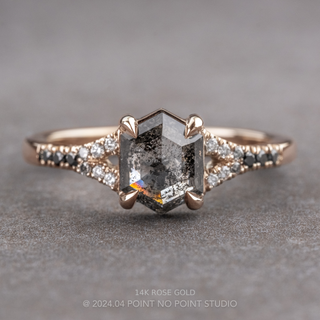 1.63 Carat Black Salt and Pepper Hexagon Diamond Engagement Ring, Ombre Evie Setting, Point No Point Studio. Available in a variety of metal types. Eco-friendly, Recycled Metals, Conflict Free.