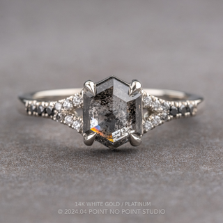 1.63 Carat Black Salt and Pepper Hexagon Diamond Engagement Ring, Ombre Evie Setting, Point No Point Studio. Available in a variety of metal types. Eco-friendly, Recycled Metals, Conflict Free.