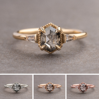 .94 Carat Salt and Pepper Hexagon Diamond Engagement Ring, Zelda Setting, Point No Point Studio. Available in a variety of metal types. Eco-friendly, Recycled Metals, Conflict Free.
