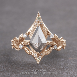 2.85 Carat Salt and Pepper Kite Diamond and Peridot Engagement Ring, Thistle Setting