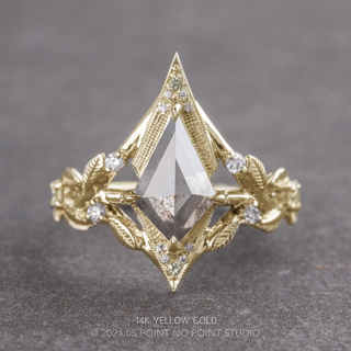 2.85 Carat Salt and Pepper Kite Diamond and Peridot Engagement Ring, Thistle Setting