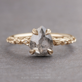 1.81 Carat Salt and Pepper Pear Diamond Engagement Ring, Pixie Setting, Point No Point Studio. Available in a variety of metal types. Eco-friendly, Recycled Metals, Conflict Free.