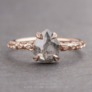 1.81 Carat Salt and Pepper Pear Diamond Engagement Ring, Pixie Setting, Point No Point Studio. Available in a variety of metal types. Eco-friendly, Recycled Metals, Conflict Free.