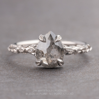 1.81 Carat Salt and Pepper Pear Diamond Engagement Ring, Pixie Setting, Point No Point Studio. Available in a variety of metal types. Eco-friendly, Recycled Metals, Conflict Free.