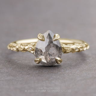 1.81 Carat Salt and Pepper Pear Diamond Engagement Ring, Pixie Setting, Point No Point Studio. Available in a variety of metal types. Eco-friendly, Recycled Metals, Conflict Free.