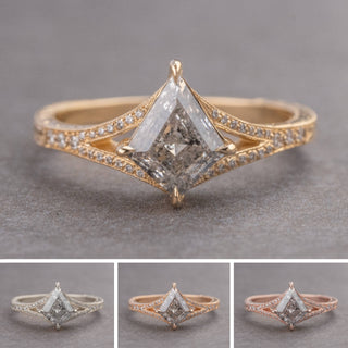 1.17 Carat Canadian Salt and Pepper Kite Diamond Engagement Ring, Engraved River Setting, Point No Point Studio. Available in a variety of metal types. Eco-friendly, Recycled Metals, Conflict Free.