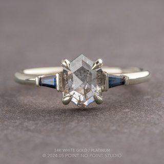 1.64 Carat Icy Salt and Pepper Hexagon Diamond Engagement Ring, Zoe Setting, Point No Point Studio. Available in a variety of metal types. Eco-friendly, Recycled Metals, Conflict Free.