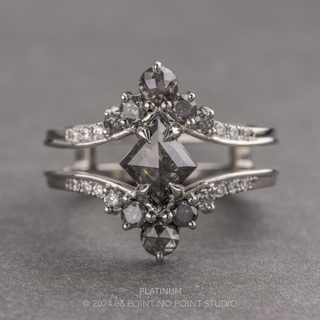 1.83 Carat Black Salt and Pepper Lozenge Diamond Engagement Ring, Empress Setting, Point No Point Studio. Available in a variety of metal types. Eco-friendly, Recycled Metals, Conflict Free.