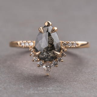 2.56 Carat Black Salt and Pepper Pear Diamond Engagement Ring, Avaline Setting, Point No Point Studio. Available in a variety of metal types. Eco-friendly, Recycled Metals, Conflict Free.