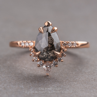 2.56 Carat Black Salt and Pepper Pear Diamond Engagement Ring, Avaline Setting, Point No Point Studio. Available in a variety of metal types. Eco-friendly, Recycled Metals, Conflict Free.