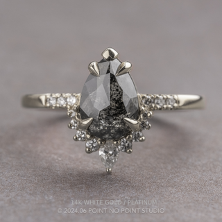 2.56 Carat Black Salt and Pepper Pear Diamond Engagement Ring, Avaline Setting, Point No Point Studio. Available in a variety of metal types. Eco-friendly, Recycled Metals, Conflict Free.