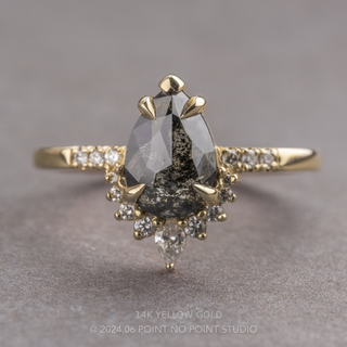 2.56 Carat Black Salt and Pepper Pear Diamond Engagement Ring, Avaline Setting, Point No Point Studio. Available in a variety of metal types. Eco-friendly, Recycled Metals, Conflict Free.