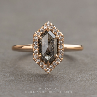 1.53 Carat Black Salt and Pepper Hexagon Diamond Engagement Ring, Halo Setting, Point No Point Studio. Available in a variety of metal types. Eco-friendly, Recycled Metals, Conflict Free.