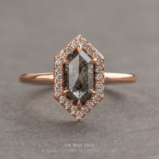 1.53 Carat Black Salt and Pepper Hexagon Diamond Engagement Ring, Halo Setting, Point No Point Studio. Available in a variety of metal types. Eco-friendly, Recycled Metals, Conflict Free.