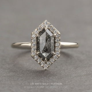 1.53 Carat Black Salt and Pepper Hexagon Diamond Engagement Ring, Halo Setting, Point No Point Studio. Available in a variety of metal types. Eco-friendly, Recycled Metals, Conflict Free.