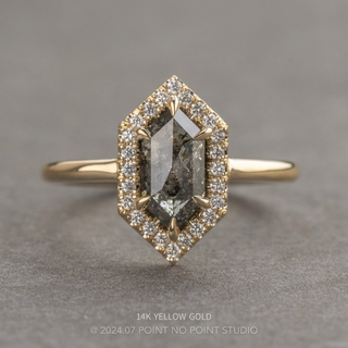 1.53 Carat Black Salt and Pepper Hexagon Diamond Engagement Ring, Halo Setting, Point No Point Studio. Available in a variety of metal types. Eco-friendly, Recycled Metals, Conflict Free.