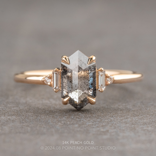 1.80 Carat Salt and Pepper Hexagon Diamond Engagement Ring, Betty Setting, Point No Point Studio. Available in a variety of metal types. Eco-friendly, Recycled Metals, Conflict Free.