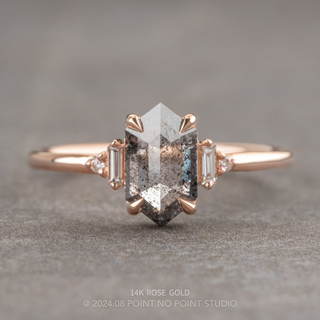 1.80 Carat Salt and Pepper Hexagon Diamond Engagement Ring, Betty Setting, Point No Point Studio. Available in a variety of metal types. Eco-friendly, Recycled Metals, Conflict Free.