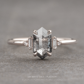 1.80 Carat Salt and Pepper Hexagon Diamond Engagement Ring, Betty Setting, Point No Point Studio. Available in a variety of metal types. Eco-friendly, Recycled Metals, Conflict Free.