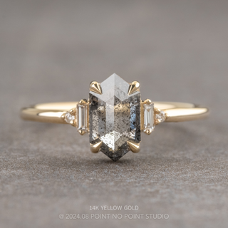 1.80 Carat Salt and Pepper Hexagon Diamond Engagement Ring, Betty Setting, Point No Point Studio. Available in a variety of metal types. Eco-friendly, Recycled Metals, Conflict Free.