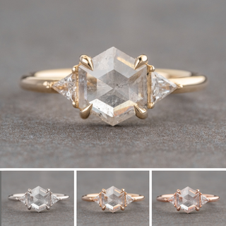 1.60 Carat Icy White Hexagon Diamond Engagement Ring, Zoe Setting, Point No Point Studio. Available in a variety of metal types. Eco-friendly, Recycled Metals, Conflict Free.