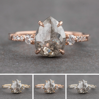 2.58 Carat Salt and Pepper Pear Diamond Engagement Ring, Eliza Setting, Point No Point Studio. Available in a variety of metal types. Eco-friendly, Recycled Metals, Conflict Free.