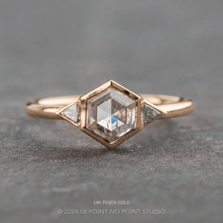 1.48 Carat Canadian Salt and Pepper Hexagon Diamond Engagement Ring, Bezel Zoe Setting, Point No Point Studio. Available in a variety of metal types. Eco-friendly, Recycled Metals, Conflict Free.