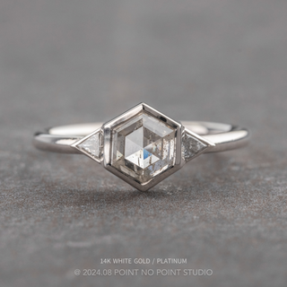 1.48 Carat Canadian Salt and Pepper Hexagon Diamond Engagement Ring, Bezel Zoe Setting, Point No Point Studio. Available in a variety of metal types. Eco-friendly, Recycled Metals, Conflict Free.