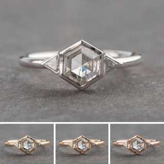 1.48 Carat Canadian Salt and Pepper Hexagon Diamond Engagement Ring, Bezel Zoe Setting, Point No Point Studio. Available in a variety of metal types. Eco-friendly, Recycled Metals, Conflict Free.