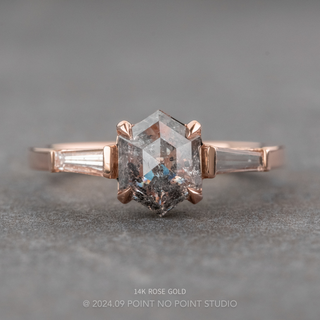 1.47 Carat Salt and Pepper Hexagon Diamond Engagement Ring, Lea Setting, Point No Point Studio. Available in a variety of metal types. Eco-friendly, Recycled Metals, Conflict Free.