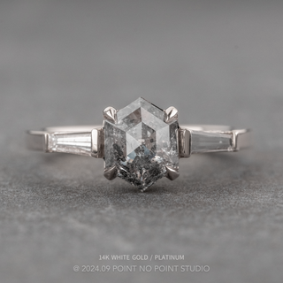 1.47 Carat Salt and Pepper Hexagon Diamond Engagement Ring, Lea Setting, Point No Point Studio. Available in a variety of metal types. Eco-friendly, Recycled Metals, Conflict Free.