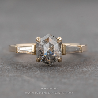 1.47 Carat Salt and Pepper Hexagon Diamond Engagement Ring, Lea Setting, Point No Point Studio. Available in a variety of metal types. Eco-friendly, Recycled Metals, Conflict Free.
