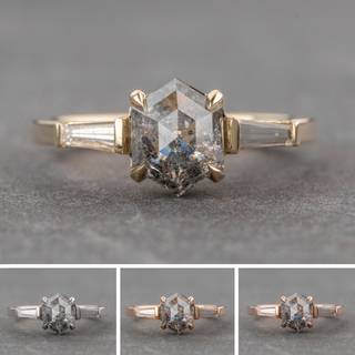 1.47 Carat Salt and Pepper Hexagon Diamond Engagement Ring, Lea Setting, Point No Point Studio. Available in a variety of metal types. Eco-friendly, Recycled Metals, Conflict Free.