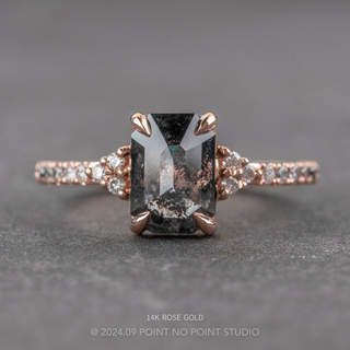 2.41 Carat Black Salt and Pepper Emerald Shaped Diamond Engagement Ring, Ombre Quincy Setting, Point No Point Studio. Available in a variety of metal types. Eco-friendly, Recycled Metals, Conflict Free.