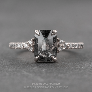 2.41 Carat Black Salt and Pepper Emerald Shaped Diamond Engagement Ring, Ombre Quincy Setting, Point No Point Studio. Available in a variety of metal types. Eco-friendly, Recycled Metals, Conflict Free.