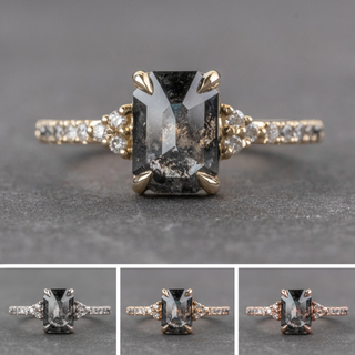 2.41 Carat Black Salt and Pepper Emerald Shaped Diamond Engagement Ring, Ombre Quincy Setting, Point No Point Studio. Available in a variety of metal types. Eco-friendly, Recycled Metals, Conflict Free.