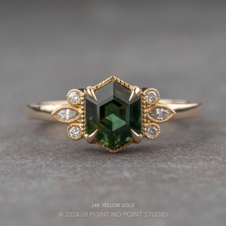 1.90 Carat Green Hexagon Sapphire and Diamond Engagement Ring, Vintage Charlotte Setting