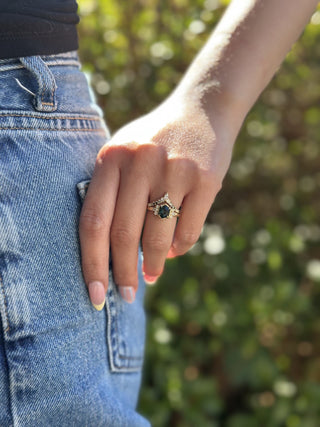 1.90 Carat Teal Hexagon Sapphire and Diamond Engagement Ring, Vintage Charlotte Setting, 14k Yellow Gold
