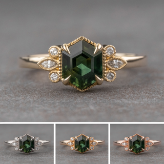 1.90 Carat Green Hexagon Sapphire and Diamond Engagement Ring, Vintage Charlotte Setting