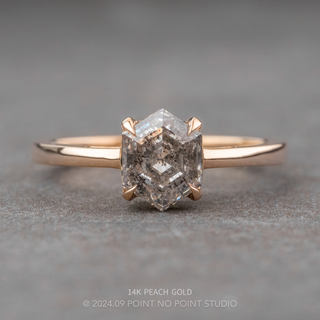 1.73 Carat Canadian Salt and Pepper Hexagon Diamond Engagement Ring, Lark Setting, Point No Point Studio. Available in a variety of metal types. Eco-friendly, Recycled Metals, Conflict Free.