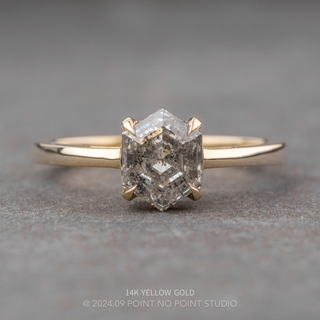 1.73 Carat Canadian Salt and Pepper Hexagon Diamond Engagement Ring, Lark Setting, Point No Point Studio. Available in a variety of metal types. Eco-friendly, Recycled Metals, Conflict Free.