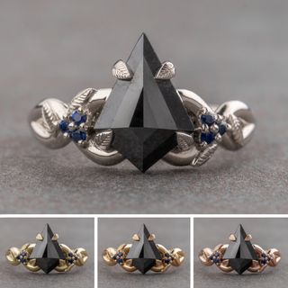 1.66 Carat Black Kite Diamond and Sapphire Engagement Ring, Leaf Quinn Setting, Point No Point Studio. Available in a variety of metal types. Eco-friendly, Recycled Metals, Conflict Free.