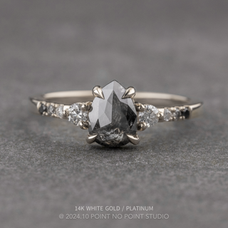 1.43 Carat Black Pear Diamond Engagement Ring, Ombre Eliza Setting, Point No Point Studio. Available in a variety of metal types. Eco-friendly, Recycled Metals, Conflict Free.