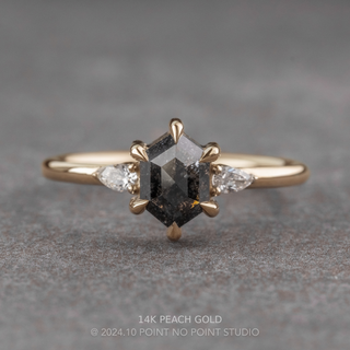 1.25 Carat Black Salt and Pepper Hexagon Diamond Engagement Ring, Zoe Setting, Point No Point Studio. Available in a variety of metal types. Eco-friendly, Recycled Metals, Conflict Free.