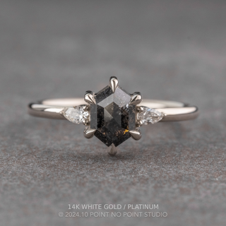 1.25 Carat Black Salt and Pepper Hexagon Diamond Engagement Ring, Zoe Setting, Point No Point Studio. Available in a variety of metal types. Eco-friendly, Recycled Metals, Conflict Free.